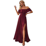 New One-Character Collar Solid-Colored Dress Sleeveless Long-Sleeved-Sided Chiffon Evening Dress Open Skirt HZ0517