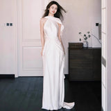 Engagement Dress Dress Dress 2026 New French Retro Style Simple Light Sen Family Light Wedding Dress Hanging Neck Morning Robe Evening Dress HZ0517