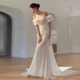 French Light Luxury Heavy Industry Evening Dress Shoulder High-End Squint Fishtail Welcome To Go Out Light Wedding Dress Dress Dress HZ0517