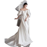 Court Style Shoulder Light Wedding Dress Bride Small Tail French Yarn 2026 New Wedding French Evening Dress HZ0517