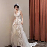 Bride Wedding Morning Robe Dinner Birthday Party Mori Fairy Lace Light Wedding Dress HZ0517