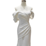 French Word Shoulder Light Wedding Bride Simple Line Welcome To Go Out White Body-Scrut-Sand-Faced Fishtail Dress Dress HZ0517