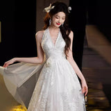 Hanging Neck Lace Light Wedding Dress Sen Series Super Fairy Out Of The Back Of The Back Of The Light Yarn Welcome Outdoor Wedding Wedding Wedding Morning Robe HZ0517