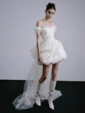 French Travel Photo Wedding Dress A Word Shoulder-Sand-Faced Bridal Short Certificate Registration Small White Dress Engagement Dress HZ0517