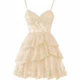 Fine Shoulder Strap Tulle Sling Evening Dress Party Ball Dress Short Lace Lace Dress High Sense HZ0517