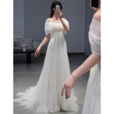 One-Word Shoulder Light Wedding Dress Korean Super Xiansen Bride's Morning Robe Evening Dress Go Out Yarn Light Luxury Small Tail Dress Dress Dress HZ0517