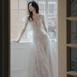 Long-Sleeved French Light Wedding Dress 2026 Spring New Lace V-Neck Yarn Bride Welcome Engagement Dress HZ0517