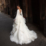 Hot Wedding Dress Long Sleeves Dragging High Waist Thin Wedding Dress French Yarn Main Yarn Depth V Sexy HZ0517