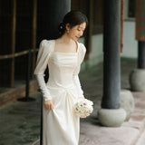 Korean Denoodle Light Wedding Dress White Simple Long Sleeve Yarn Bridal Temperament Fishtail Thin Evening Dress Woman HZ0517