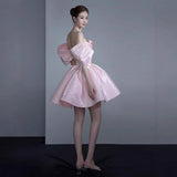 Pink Shoulder Short Birthday Party Dress Light Sweet Banquet Evening Dress Bubble Sleeves Of A Short Skirt HZ0517