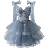 Layered Tulle Back To School Dress Sparkling Lace Decals Bow Strap Teen Short Prom Dress HZ0517