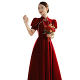 Toasting Bridal 2026 New Red Velvet Engagement Wedding Chinese Cheongsam Improved Evening Dress Long Sleeve HZ0517