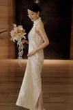 White Light Wedding Dress 2026 Banquet Temperament Elegant Improvement Cheongsam Lace Hanging Neck Dress Woman HZ0517