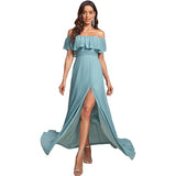 New One-Character Collar Solid-Colored Dress Sleeveless Long-Sleeved-Sided Chiffon Evening Dress Open Skirt HZ0517