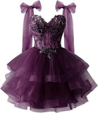 Layered Tulle Back To School Dress Sparkling Lace Decals Bow Strap Teen Short Prom Dress HZ0517
