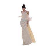 French Breast-Shape Engagement Brigade Light Wedding Dress Bride's Morning Robes Niche Yarn Welcome White Evening Dress Dress HZ0517