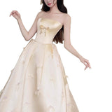 Champagne-Colored Bow Design Engagement Evening Dress With Breast Fairy Bridal Morning Robe High Sense Of Simple Temperament Dress HZ0517
