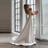 One-Word Shoulder Wedding Dress 2026 New White Sen Series Simple Dens, Detachable Tail Light Wedding Dress HZ0517