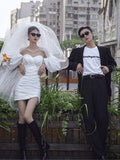 Photography Theme Dress Couple Dressed In White Bag Big Bubble Sleeves Brawn Fashion Personality Wedding Photography HZ0517
