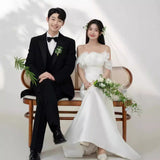 One-Word Shoulder Light Wedding Dress Spring New Sen System Super Fairy Simple Out Of The Three-Dimensional Flower Exterior Welcome Dress HZ0517