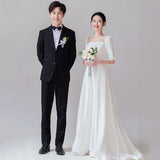 French Mid-Sleeved Light Wedding Dress 2026 Spring New White Simple Density Tail Wedding Welcome Yarn HZ0517