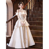 One-Word Shoulder-Singed Noodle Light Wedding Dress 2026 New Wedding Engagement Bow White Evening Dress Go Out Shading Ponpong Skirt HZ0517
