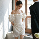 French Light Wedding Dress A Word Shoulder White Dens, Short Dress Wedding Certificate Registration Mori Family Travel Yarn HZ0517