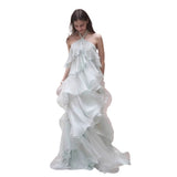Holiday Wind Hanging Neck Dress Bride Married Out Yarn Toasting Female Famous Lady Qianjin Super Fairy Leaves Side Dress HZ0517