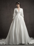 French Light Wedding Bridal Temperament Simple Retro Thin Nest Long Sleeve V Lord Wedding Dress HZ0517