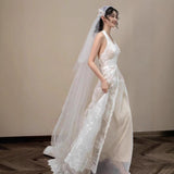 Bride Wedding Morning Robe Dinner Birthday Party Mori Super Fairy Lace Light Wedding Dress Hanging Neck Dress HZ0517