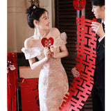 Pink One-Word Shoulder Toasting Dress Bridal Little Man Engagement Dress Dress 2026 New Wedding Thin Woman Summer HZ0517