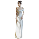 French One-Word Shoulder-To-Shoulder Wedding Bridal High-Grade White Simple Vertiny Dress Temperament Light Luxury Body Fishtail Skirt HZ0517