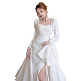 Site Long-Sleeved Light Wedding Dress Bridal French High-Grade White Simple Hepburn Style Go Out Yarn Tail Welcome Dress HZ0517