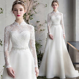 Ding Noodle Light Wedding Bridal Temperament Lace Long-Sleeved Banquet Dress Super Fairy Travel Wedding Dress Yarn Summer HZ0517