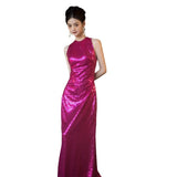 Dragon Fruit Color Bridal Toast Suit 2026 New Lychee Evening Dress Host Light Luxury Niche Hanging Neck Dress HZ0517