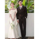French Stoodle High-End Feel Shoulder-To-Shoulder Light Wedding Dress High-Grade White Niche Temperament Fish Tail Body Dress HZ0517