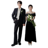 French One-Word Shoulder Black-Themed Light Wedding Dress Shooting Simple Stite Hepburn Style Korean Evening Dress Long Dress HZ0517