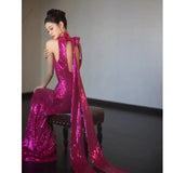Dragon Fruit Color Bridal Toast Suit 2026 New Lychee Evening Dress Host Light Luxury Niche Hanging Neck Dress HZ0517
