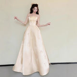 Champagne-Colored Bow Design Engagement Evening Dress With Breast Fairy Bridal Morning Robe High Sense Of Simple Temperament Dress HZ0517