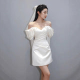 French One-Word Shoulder-To-Shoulder Wedding Bridal Engagement Long-Sleeved Certificate Registration Small White Skirt Elegant Short Dress HZ0517