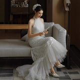 New Chinese Bride Morning Robe Engagement Evening Dress Gentle Temperament Hanging Neck Dress Sen Series Super Fairy Travel Shot Light Wedding Dress HZ0517