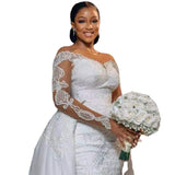 New African Mermaid Removable Drag-Tailed Wedding Dress Long-Sleeved Skinny Net Retro Lace Bride Big Tail Wedding Dress HZ0517