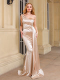 One Shoulder Padded Sexy Satin Maxi Dress Women's Evenin HZ0517