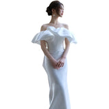 One-Word Shoulder-Singed Sedable Face Light Wedding Bridal Wedding Bridal Shot French Simple Fishtail Welcome Out Yarn Super Fairy Dress HZ0517
