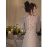 French Light Wedding Dress Simple Feel Lace White Lanky Long Sleeve Small Tail Sen Linen Korean Style Yarn Travel Shot HZ0517