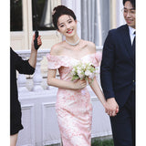 Pink One-Word Shoulder Toasting Dress Bridal Little Man Engagement Dress Dress 2026 New Wedding Thin Woman Summer HZ0517