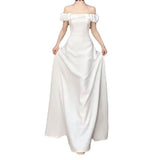 French One-Word Shoulder Niche Evening Dress White Dress Light Birthday Dress Temperament Light Wedding Dress HZ0517