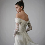 French Long-Sleeved Lace Light Wedding Dress Bride 2025 New One-Word Shoulder Retro Linen Go Out Yarn Fishtail Dress Dress HZ0517