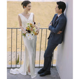 French Light Wedding Dress 2026 New Mori Simple Travel V-Neck White Thin Tail Welcome Yarn HZ0517