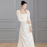 French Light Wedding Dress 2026 New Bridal Temperament Lint Retro Welcome Yarn Hanging Neck White Dress Long Sleeve HZ0517